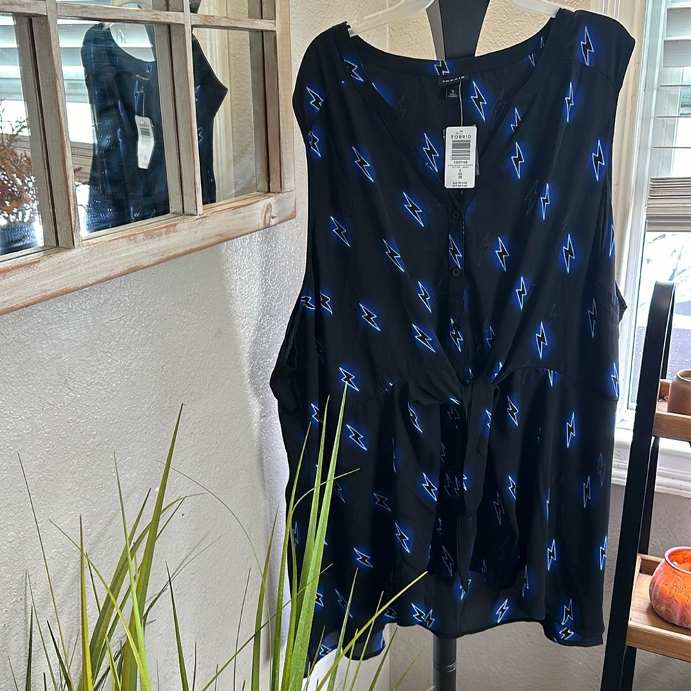 Torrid Electric Blue Lightning Bolts Georgette Peplum Tie Front Tank Top Size 5x